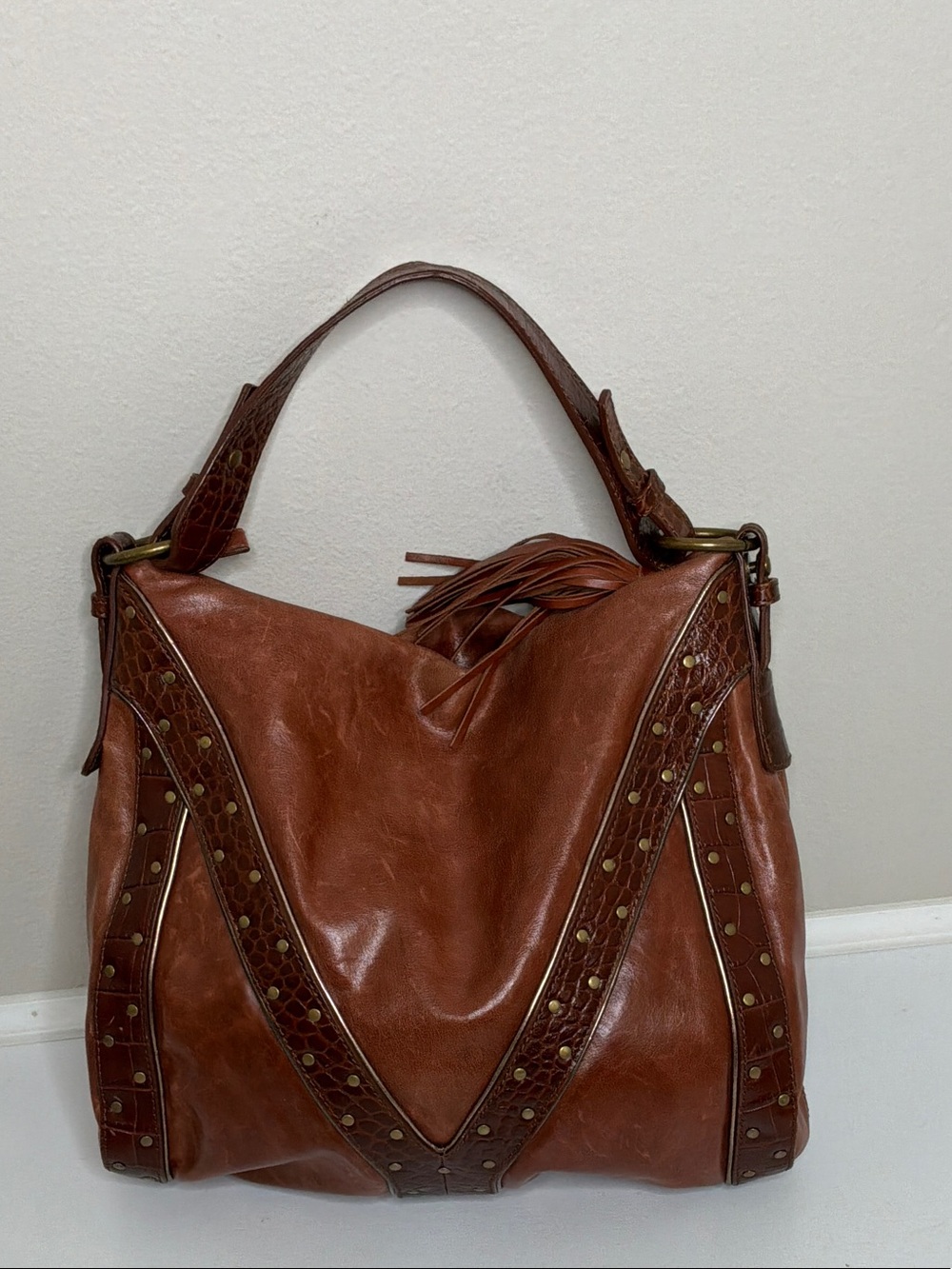Via Spiga Cognac Leather Shoulder Bag with Studded Trim - Picture 2 of 9
